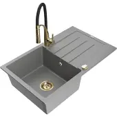 Mexen Bruno 1 Becken-Granitspüle mit Abtropffläche und Mischbatterie Aster, Grau - 6513-71-73450-57-G