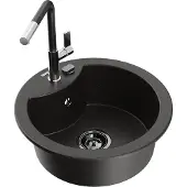 Mexen Diego 1-Becken-Granitspüle mit Mischbatterie Flora, Schwarz/Gold metallisch - 6512-75-670401-07-B