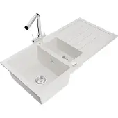 Mexen Andres 1,5-Becken-Granitspüle mit Abtropffläche und Mischbatterie Duero, Weiß - 6515-20-671600-00