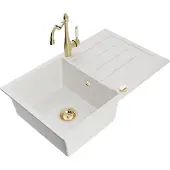 Mexen Bruno 1 Becken-Granitspüle mit Abtropffläche und Mischbatterie Carla, Weiß - 6513-20-670700-50