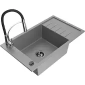 Mexen Elias 1 Becken-Granitspüle mit Abtropffläche und Mischbatterie Aster, Grau - 6511-71-73450-07-B