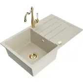 Mexen Bruno 1 Becken-Granitspüle mit Abtropffläche und Mischbatterie Carla, Beige - 6513-69-670700-50