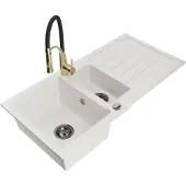 Mexen Andres 1,5-Becken-Granitspüle mit Abtropffläche und Mischbatterie Aster, Weiß - 6515-20-73450-57-B