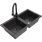 Mexen Mario 2-Becken-Granitspüle mit Mischbatterie Elia, Schwarz gesprenkelt - 6504-76-670101-70-B