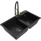 Mexen Tomas 2-Becken-Granitspüle mit Mischbatterie Aster, Schwarz - 6516-77-73450-57-B