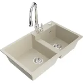 Mexen Tomas 2-Becken-Granitspüle mit Mischbatterie Savita, Beige - 6516-69-672601-00