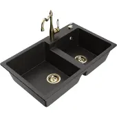 Mexen Tomas 2-Becken-Granitspüle mit Mischbatterie Carla, Schwarz/Gold metallisch - 6516-75-670700-50