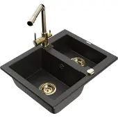 Mexen Carlos 1,5-Becken-Granitspüle mit Mischbatterie Duero, Schwarz/Gold metallisch - 6518-75-671600-50