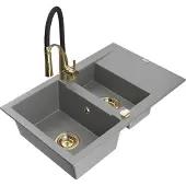 Mexen Gaspar 1,5-Becken-Granitspüle mit Abtropffläche und Mischbatterie Aster, Grau - 6507-71-73450-57-G
