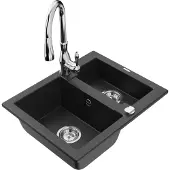 Mexen Carlos 1,5-Becken-Granitspüle mit Mischbatterie Savita, Schwarz/Silbermetallic - 6518-71-672601-71