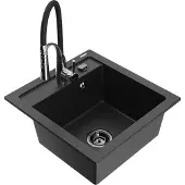 Mexen Vito 1-Becken-Granit-Spüle mit Mischbatterie Aster, Schwarz/Silbermetallic- 6503-73-73450-07-B