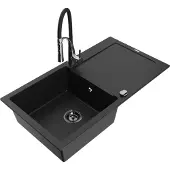 Mexen Leo 1 Becken-Granitspüle mit Abtropffläche und Mischbatterie Aster, Schwarz - 6501-77-73450-07-B