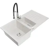 Mexen Matias 1,5-Becken-Granitspüle mit Abtropffläche und Mischbatterie Aster, Weiß - 6502-20-73450-07