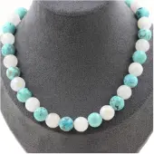 Bijoux Steine und Mineralien. Halskette mit Mondsteinperlen 10 mm + Howlith Türkis 10 mm. Halskette für Frauen, Männer. Personalisierte Größe.