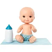 Mattel Puppe 15 cm mit gemusterter Windel, Decke und Babyflasche