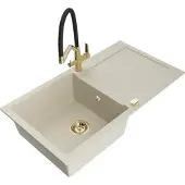 Mexen Leo 1 Becken-Granitspüle mit Abtropffläche und Mischbatterie Duo, Beige - 6501-69-671701-57-G