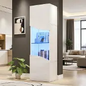 OKWISH Vitrinenschrank Spanplatte Weiß Hochglanz mit gehärtetem Glas und LED-Beleuchtung, 35x50x165 cm