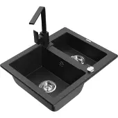 Mexen Carlos 1,5-Becken-Granitspüle mit Mischbatterie Rita, Schwarz/Silbermetallic - 6518-73-670300-70