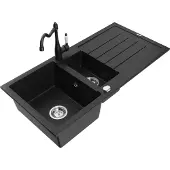 Mexen Andres 1,5-Becken-Granitspüle mit Abtropffläche und Mischbatterie Carla, Schwarz - 6515-77-670700-70