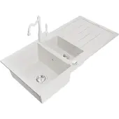 Mexen Andres 1,5-Becken-Granitspüle mit Abtropffläche und Mischbatterie Carla, Weiß - 6515-20-670700-20