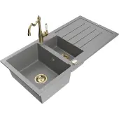 Mexen Andres 1,5-Becken-Granitspüle mit Abtropffläche und Mischbatterie Carla, Grau - 6515-71-670700-50