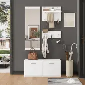 MODFU Garderobenset Spanplatte Weiß, 4-teilig mit Spiegel, Schuhschrank und 6 Haken