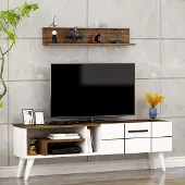 Homidea Nora TV-Lowboard TV-Schrank Wohnwand mit Wandregal Modernes Design (Weiß/Nussbaum)