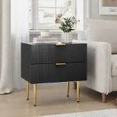 STILVORA Nachttisch MDF/Metall Schwarz 2 Schubladen, moderne Rillenfront