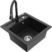 Mexen Vito 1-Becken-Granit-Spüle mit Mischbatterie Elia, Schwarz/Silbermetallic - 6503-73-670101-70