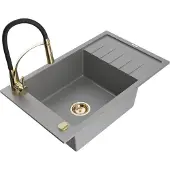 Mexen Elias 1 Becken-Granitspüle mit Abtropffläche und Mischbatterie Aster, Grau - 6511-71-73450-57-G
