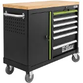 Baumarktplus Werkstattwagen leer mit Holzplatte 6 Schubladen & Tür, abschließbarer Werkzeugwagen schwarz/grün