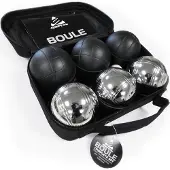 Happy Plugs Boule-Set mit Tragetasche, 73 mm Kugeln, Schwarz/Verchromt, inkl. Jack, Maßband & Regelbuch