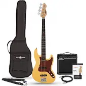 Gear4Music LA II-Bassgitarre Ivory im Paket mit 15-Watt-Tweed-Verstärker