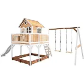 Axi Spielhaus Liam mit Sandkasten, Doppelschaukel & weißer Rutsche | Stelzenhaus XXL in Braun & Weiß aus FSC Holz für Kinder | Spielturm mit Wellenrutsche & Schaukel für den Garten