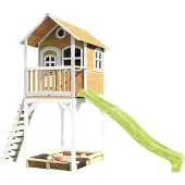 Axi Spielhaus Romy mit Sandkasten & hellgrüner Rutsche | Stelzenhaus in Braun & Weiß aus Holz für Kinder | Spielturm für den Garten
