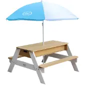 Axi Nick Kinder Sand & Wasser Picknicktisch aus Holz | Wasserspieltisch & Sandtisch mit Deckel und Behältern | Kindertisch / Matschtisch in Braun & Weiß mit Sonnenschirm für den Garten