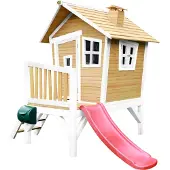 Axi Spielhaus Robin mit roter Rutsche | Stelzenhaus in Braun & Weiß aus FSC Holz für Kinder | Spielturm für den Garten