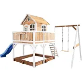 Axi Spielhaus Liam mit Sandkasten, Schaukel & blauer Rutsche | Stelzenhaus XXL in Braun & Weiß aus FSC Holz für Kinder | Spielturm mit Wellenrutsche für den Garten