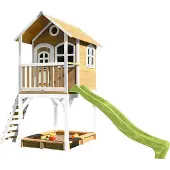 Axi Spielhaus Sarah mit Sandkasten & hellgrüner Rutsche | Stelzenhaus in Braun & Weiß aus Holz für Kinder | Spielturm mit Wellenrutsche für den Garten
