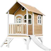 Axi Spielhaus Tom mit weißer Rutsche | Stelzenhaus in Braun & Weiß aus FSC Holz für Kinder | Spielturm für den Garten