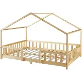 En.casa Kinderbett ’Treviolo‘ in Haus-Optik mit Rausfallschutz Kiefernholz 140 x 200 cm Holzfarben