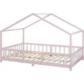 En.casa Kinderbett ’Treviolo‘ in Haus-Optik mit Rausfallschutz Kiefernholz 120 x 200 cm Rosa / Weiß