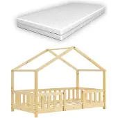 En.casa Kinderbett 'Treviolo' mit Matratze und Rausfallschutz 70x140cm Holz Natur