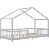 En.casa Kinderbett ’Treviolo‘ in Haus-Optik mit Rausfallschutz Kiefernholz 90 x 200 cm Hellgrau / Weiß