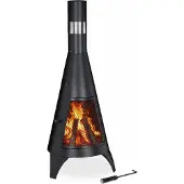 Relaxdays Terrassenofen mit Funkenschutz Tür, dekorative Feuerstelle für Holz, Gartenofen, HxD: 120x45cm, Stahl, schwarz