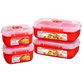 Sistema Microwave-Heat & Eat Frischhaltedosen Set, 4 rechteckige Mikrowellen-Vorratsdosen mit Deckeln (2 x 1,25 l + 2 x 525 ml), verschließbare Clips