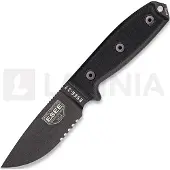 ESEE Model 3, serrated, black G-10, black plastic sheath, nylon sheath