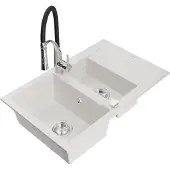 Mexen Gaspar 1,5-Becken-Granitspüle mit Abtropffläche und Mischbatterie Aster, Weiß - 6507-20-73450-07