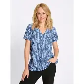 Sieh an! Kurzarm-Bluse in jeansblau-ecru-bedruckt | Gr.: 38