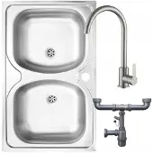 Deante Stahl Doppelspüle 80x50 mit Mischbatterie & Siphon, satiniert, Küche Set Komplettlösung
